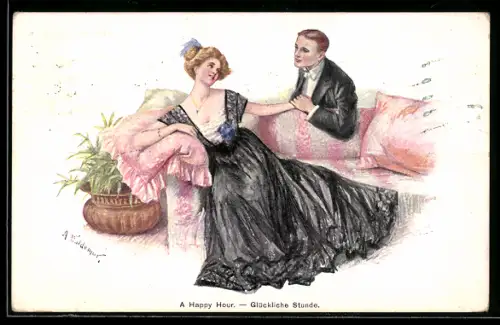 Künstler-AK Brüder Kohn (B.K.W.I) Nr.580-1: Glückliche Stunde, Liebespaar sitzt Händchen haltend beieinander