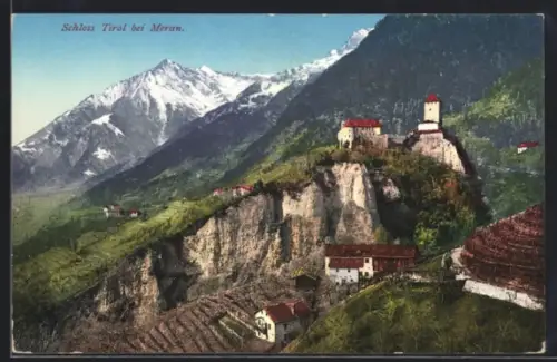 AK Meran, Ortspartie mit dem Schloss Tirol