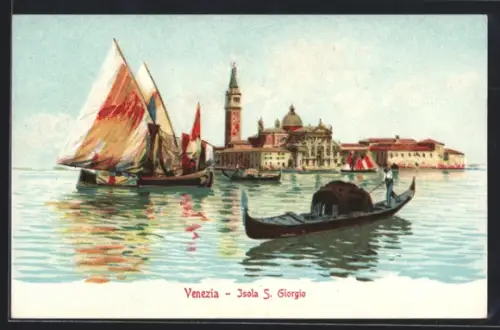 Lithographie Venezia, Isola S. Girgio, Segelboot u. Gondel