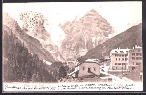 AK Trafoi, Hotel Neue Post mit Strassenpartie
