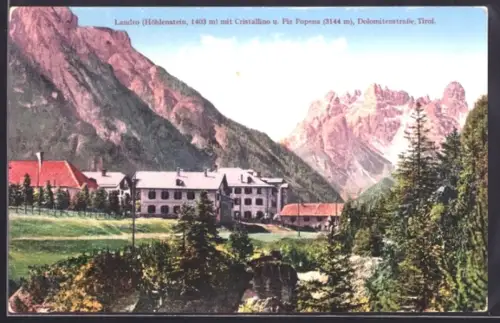 AK Landro, Teilansicht mit Cristallino u. Piz Popena, Dolomitenstrasse