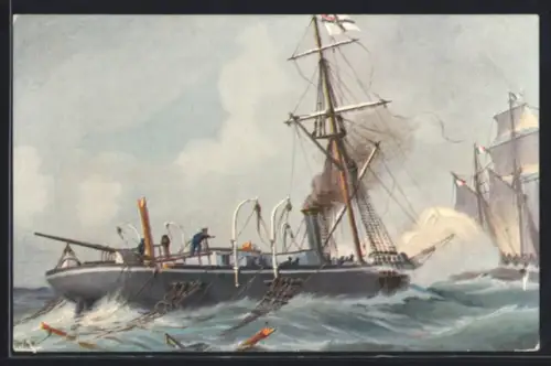 Künstler-AK Chr. Rave: Deutsches Kanonenboot Meteor im Kampf mit dem französischen Aviso Bouvet