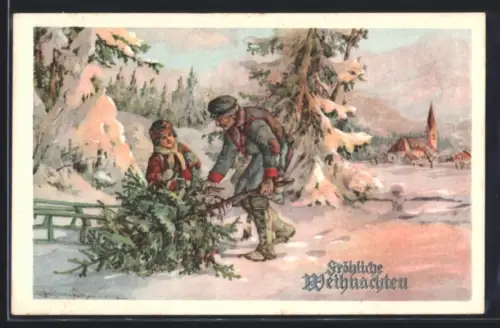 Künstler-AK Hans Kaufmann: Älterer Mann und Frau mit Weihnachtsbaum in verschneiter Landschaft nahe dem Ort