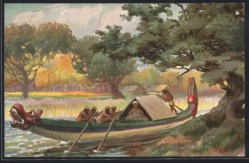 Künstler-AK Christopher Rave: Indisches Ruderboot mit Sonnendach, 19. Jahrhundert