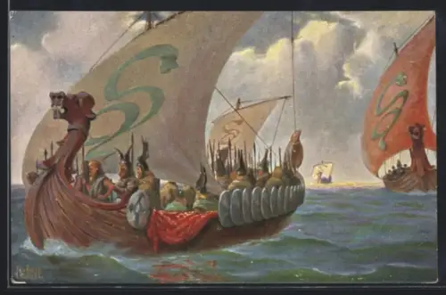 Künstler-AK Christopher Rave: Normannenboot, 9. Jh.