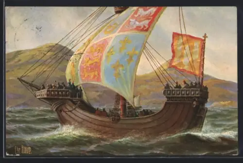 Künstler-AK Chr. Rave: Englisches Kriegsschiff in voller Fahrt