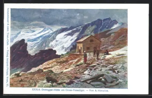 Künstler-AK Defregger-Hütte, Ansicht am Gross-Venediger