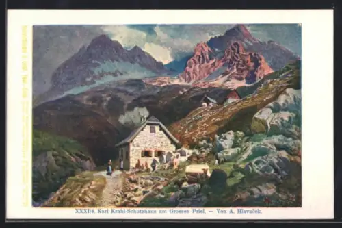 Künstler-AK Philipp + Kramer Nr. XXXI /4: Karl Krahl-Schutzhaus am Grossen Priel