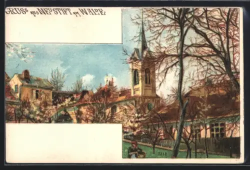 Künstler-AK Wien-Neustift am Walde, Kirche im Frühling