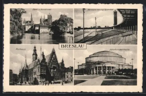 AK Breslau, Rathaus, Dom- u. Sandinsel, Hermann Göhring Sportfeld