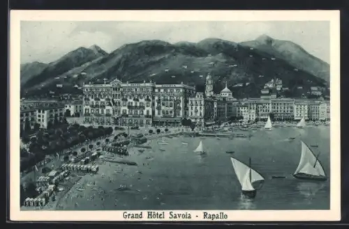 AK Rapallo, Grand Hotel und Strandpromenade aus der Vogelschau