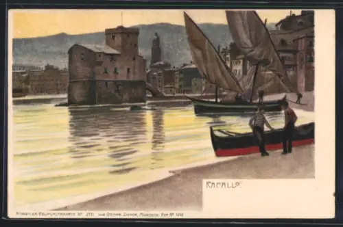 AK Rapallo, Strandpartie mit Fischern und Boot