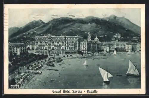 AK Rapallo, Grand Hotel und Strandpromenade aus der Vogelschau