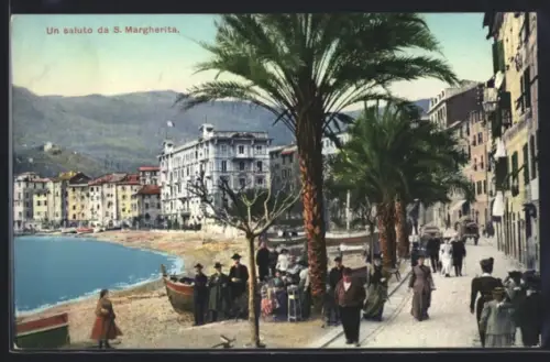 AK S. Margherita, Strassen mit Häuserfassaden und Strand mit Palmen