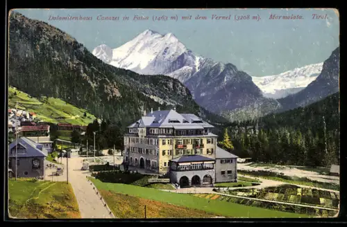 AK Canazei in Fassa, Dolomitenhaus mit Blick auf Vernel und Marmolata