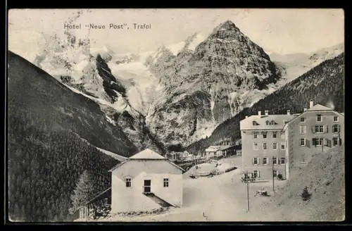 AK Trafoi, Hotel Neue Post mit Gebirgslandschaft