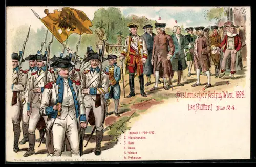 Lithographie Wien, Historischer Festzug 1898, Leopold II. 1790-1792, Mendelssohn und Kant