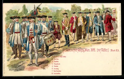 Lithographie Wien, Historischer Festzug am Wiener Prater 1898, Goethe, Schiller, Lessing