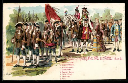 Lithographie Wien, historischer Festzug 1898, Karls VI., Elisabeth Christine, Fürst Dietrichstein, Daniel Gran und Pozzo