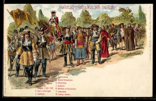 Künstler-Lithographie Wien, Historischer Festzug 1898, Leopold I., Karl v. Lothringen, Sobiesky, etc.