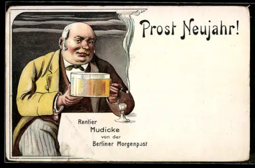 Lithographie Rentier Mudicke von der Berliner Morgenpost, Prost Neujahr