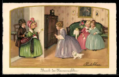 Künstler-AK Pauli Ebner: Paar kommt zu Besuch, Geburtstagsgruss