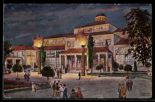 Künstler-AK München, Deutsche Ausstellung Das Gas 1914, Nachtansicht