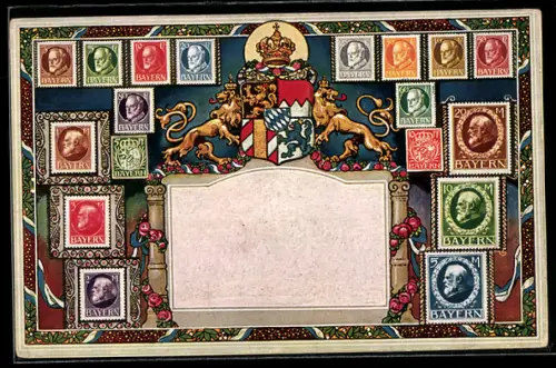 AK Bayrisches Wappen mit Briefmarken