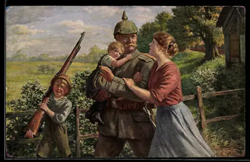 Künstler-AK Müller: Soldat verabschiedet sich von seiner Familie