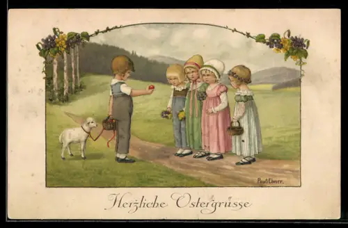 Künstler-AK Pauli Ebner: Junge mit Osterlamm zeigt Kindern ein Osterei