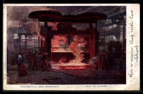 Künstler-AK Heinrich Kley: Essen, Panzerwalzwerk, Walzen einer Panzerplatte