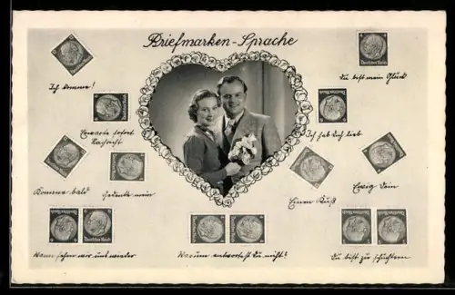 AK Briefmarkensprache, Liebende mit Blumenstrauss in einem Herz