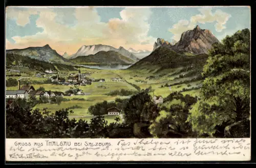 Künstler-AK Thalgau, Ortspartie im Gebirge