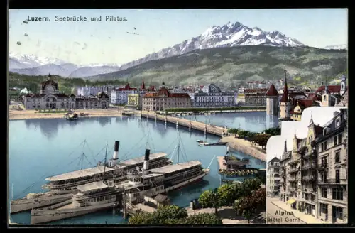 AK Luzern, Hotel Alpina Garni, Seebrücke und Pilatus
