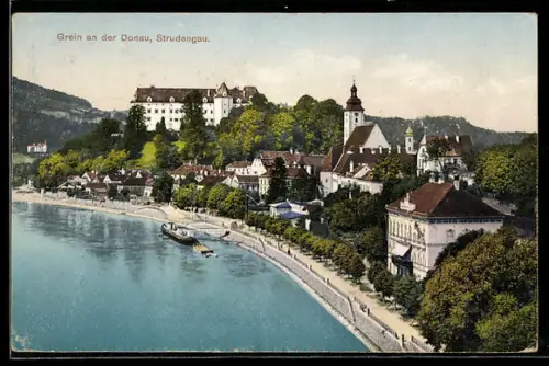 AK Grein a.d. Donau, Strudengau, Ortsansicht, Dampfer
