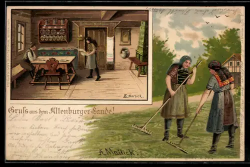 Künstler-Lithographie Alfred Mailick: Altenburger Land, Bäuerinnen in Tracht