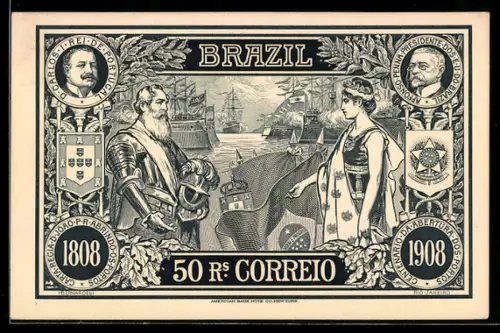 AK Brasilien, 50 Rs. Correio, Göttin und Krieger mit Schiffen und Flaggen im Hafen, Präsidentenportraits