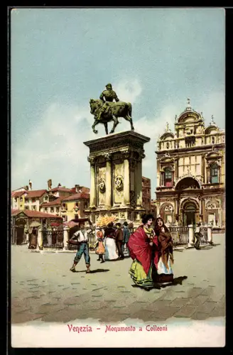 Künstler-AK Venezia, Passanten am Monumento a Colleoni