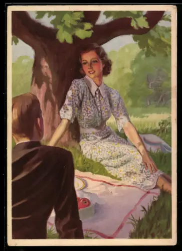 AK Reklame für Indanthrenfarbige Stoffe, Paar beim Picknick im Grünen