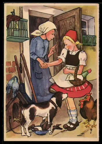 Künstler-AK Rotkäppchen, die Mutter schickt Rotkäppchen zur Grossmutter