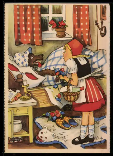 Künstler-AK Rotkäppchen trifft den bösen Wolf im Bett der Grossmutter