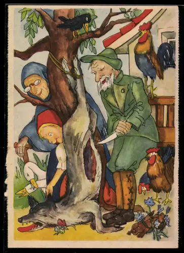 AK Rotkäppchen mit dem erlegten Wolf, Märchen