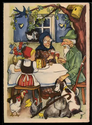 AK Rotkäppchen bei Grossmutter im Garten, Märchen