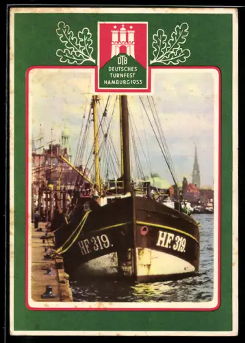AK Hamburg, Deutsches Turnfest 1953, Hafenpartie mit Segelboot HF 319
