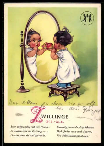 AK Sternzeichen Zwillinge, Mädchen guckt in den Spiegel