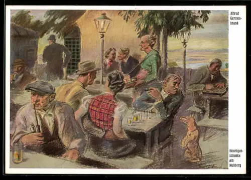 Künstler-AK Alfred Gerstenbrand: Wien, Heurigenschenke am Nussberg mit Gästen, Hund bettelt