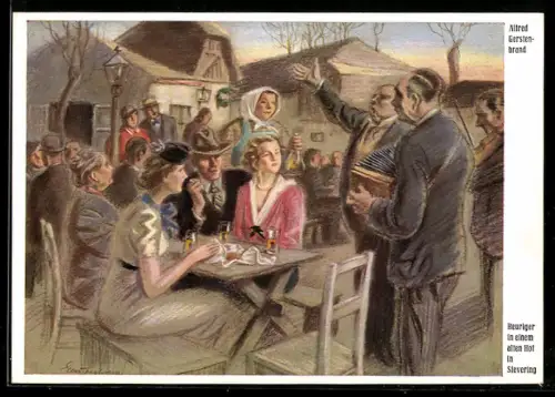 Künstler-AK Alfred Gerstenbrand: Akkordeonspieler spielt ein Ständchen an einem Tisch