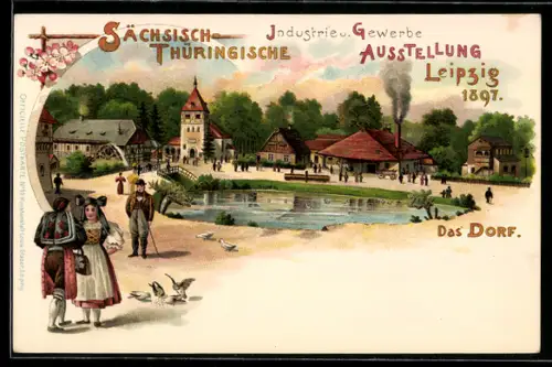 Lithographie Leipzig, Industrie- und Gewerbe-Ausstellung 1897, Das Dorf mit Teich, Dame in Tracht
