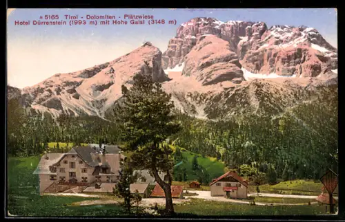 AK Plätzwiese /Tirol, Hotel Dürrenstein, Besitzer Lois Pahler, Blick auf Hohe Gaisl