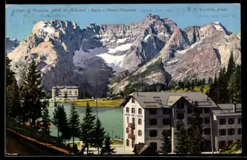 AK Misurina, Lago di Misurina, Dolomiti Italia e Hotel Misurina, Fopa 3009m, Sorapis 3201m u. Punta nera 2712m